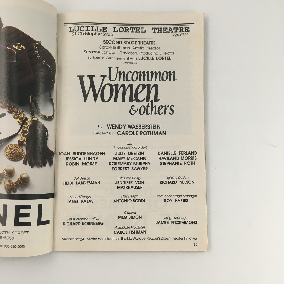 Inside page featuring the cast list of the 1994 Playbill from Lucille Lortel Theatre for 'Uncommon Women & Others', including notable names like Joan Buddenhagen.