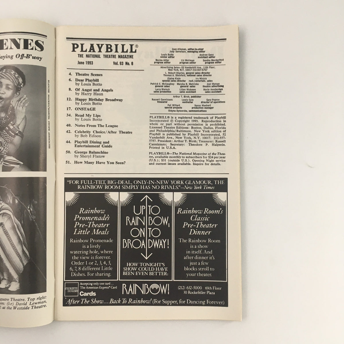 Inside page of the 1993 Playbill for 'A Perfect Ganesh', showcasing the contents and advertisements typical of theatre productions, reflecting the vibrant world of live performance.