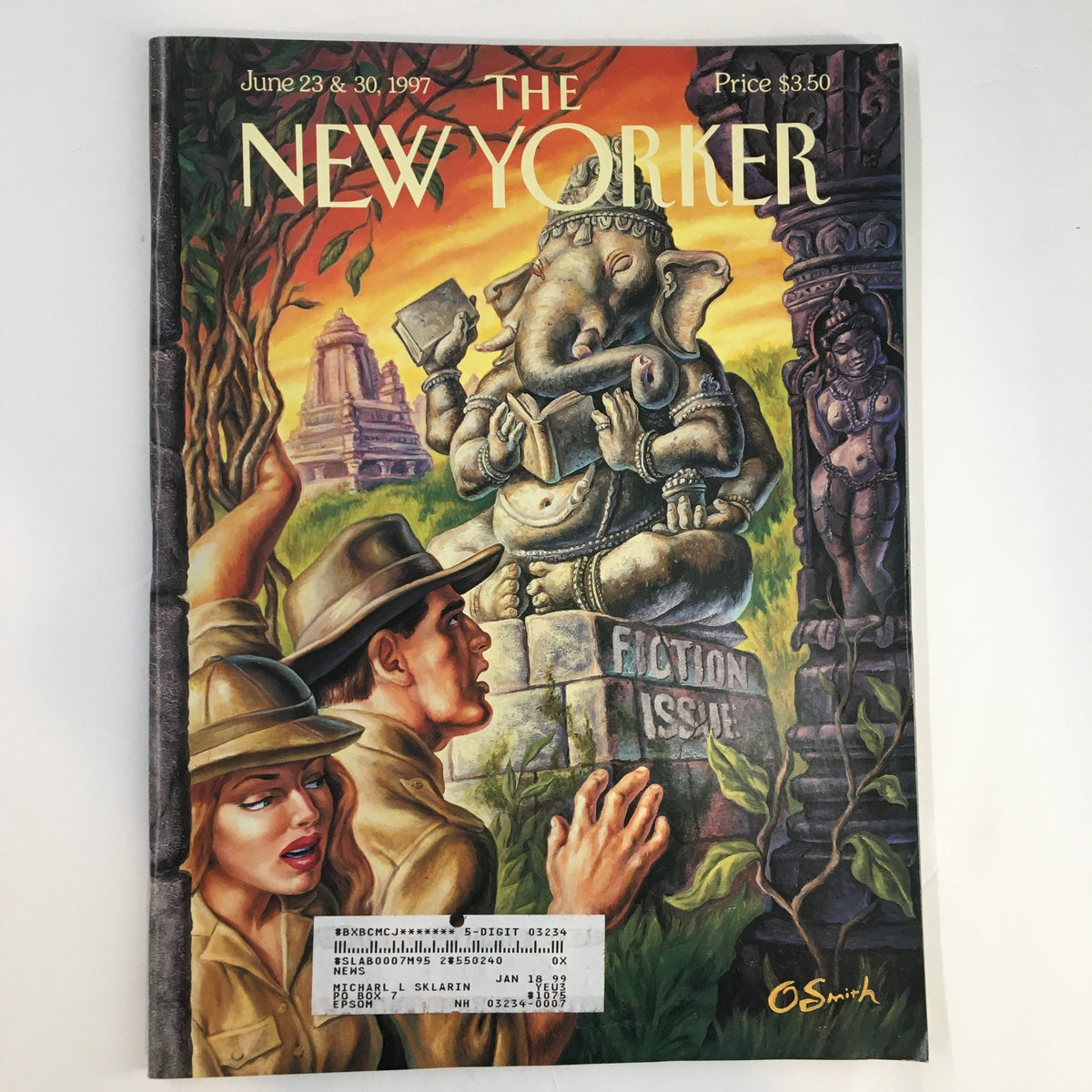 Cover of The New Yorker Full Magazine June 23, 1997 featuring 'The Elephantine Prophecy' artwork by Owen Smith, depicting an elephant sculpture and explorers.