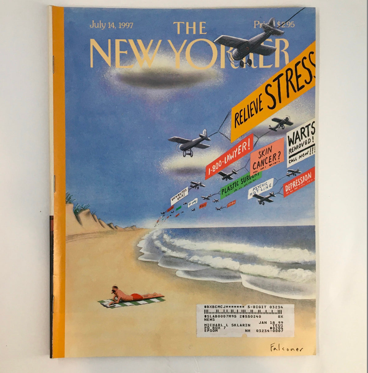 The New Yorker Full Magazine July 14, 1997 cover featuring unique illustration by Ian Falconer, showcasing whimsical airplanes flying banners on a beach scene.