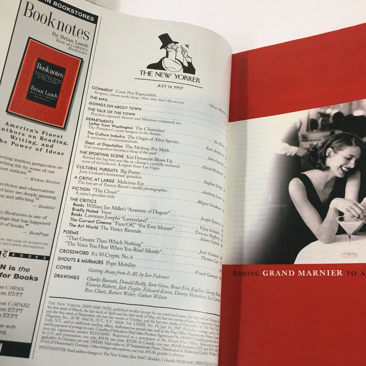 Inside spread of The New Yorker Full Magazine July 14, 1997, featuring the magazine's iconic logo and content list with articles and illustrations.