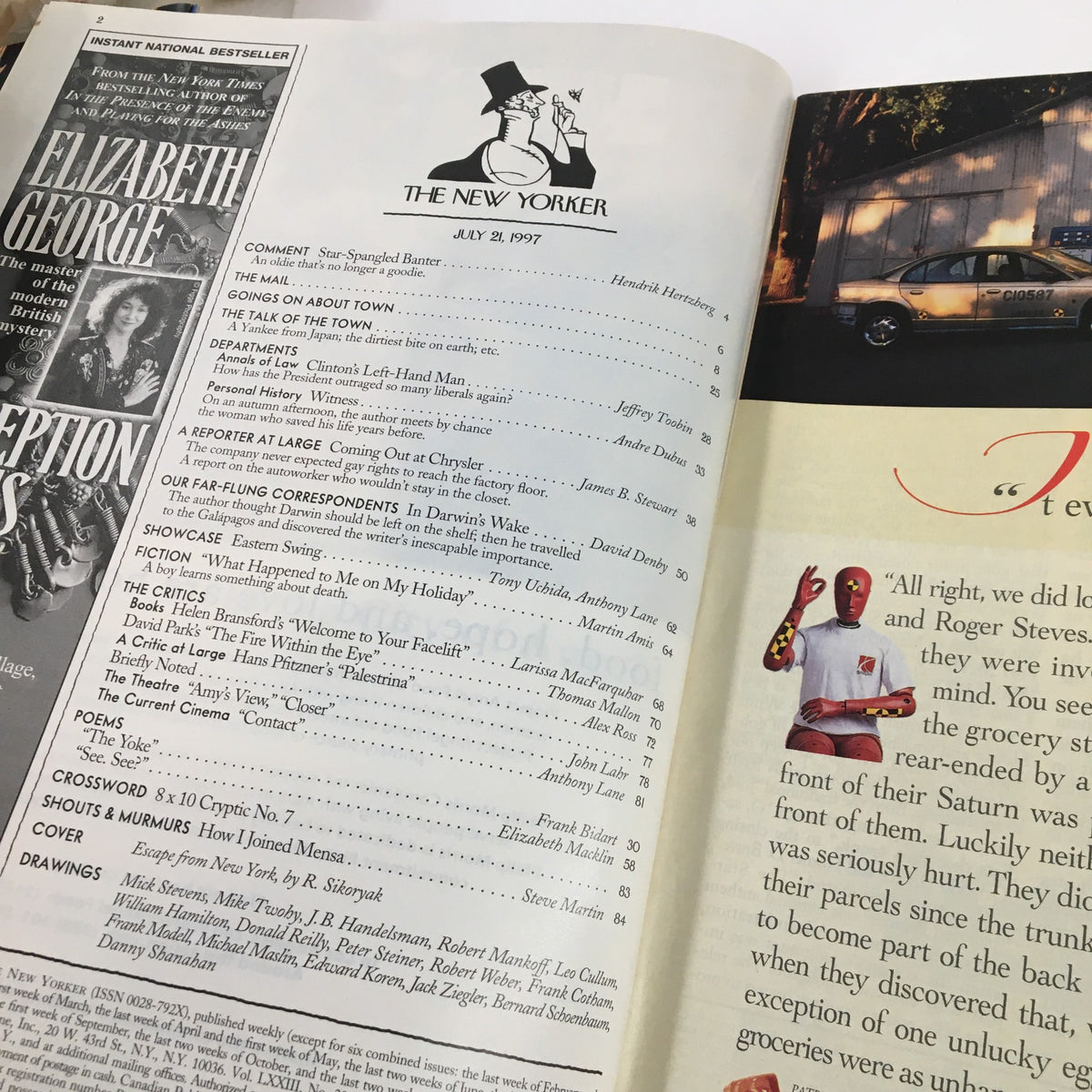 Interior page of The New Yorker magazine from July 21, 1997, showcasing the contents with article titles and illustrations, emphasizing the cultural and literary themes of the issue.