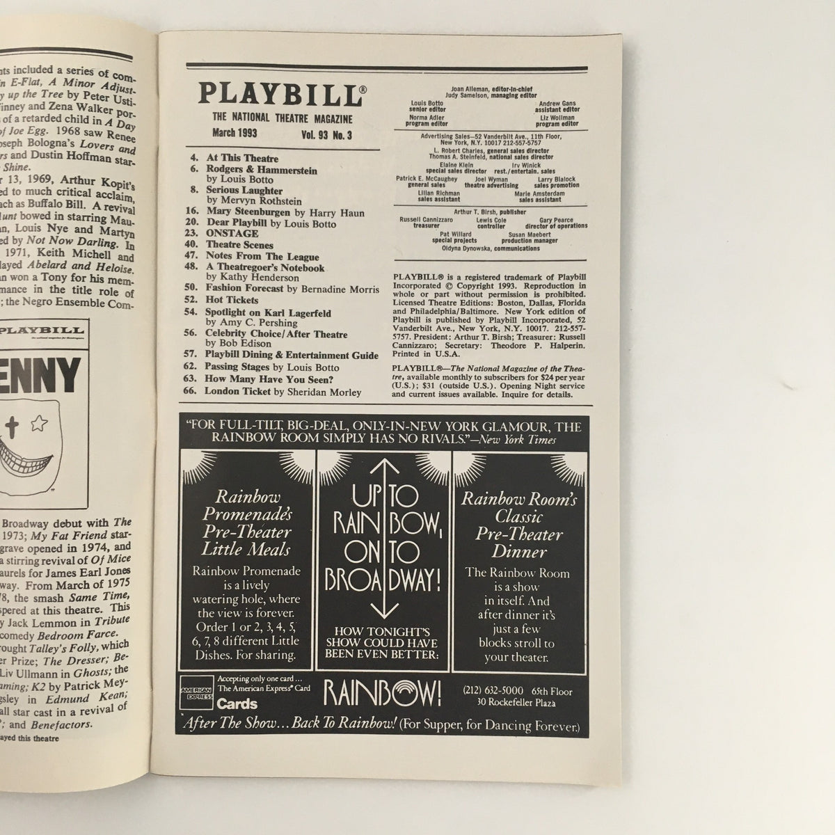 1993 Playbill for 'Redwood Curtain' at the Brooks Atkinson Theatre featuring promotional advertisements and listings from theater productions.