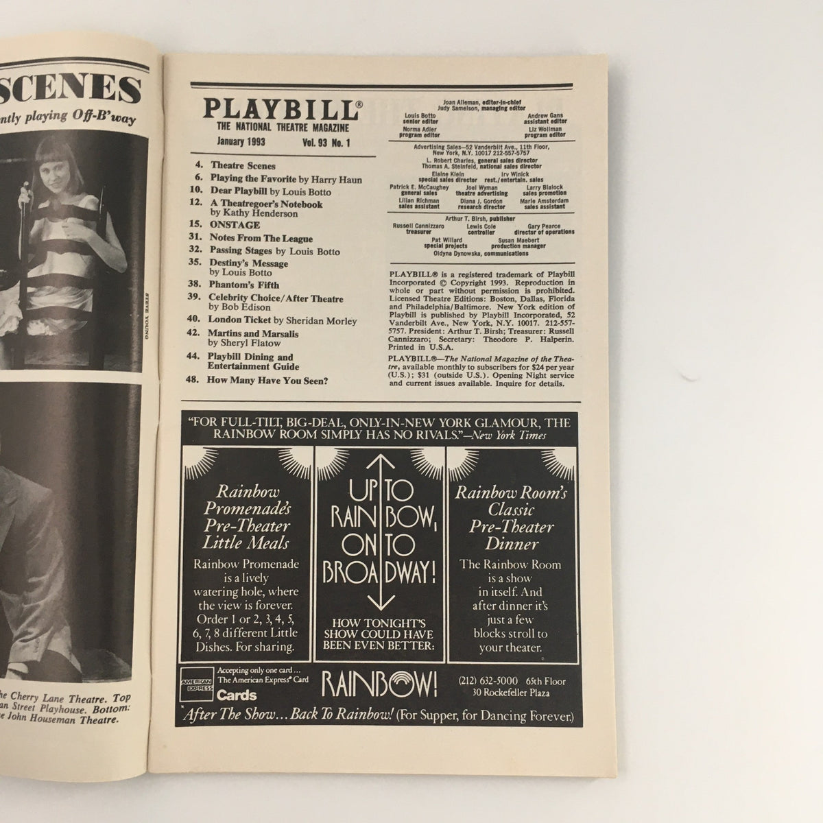 Interior page of the 1993 Playbill from the Manhattan Theatre Club's production of 'The Years,' showcasing featured scenes and additional content.