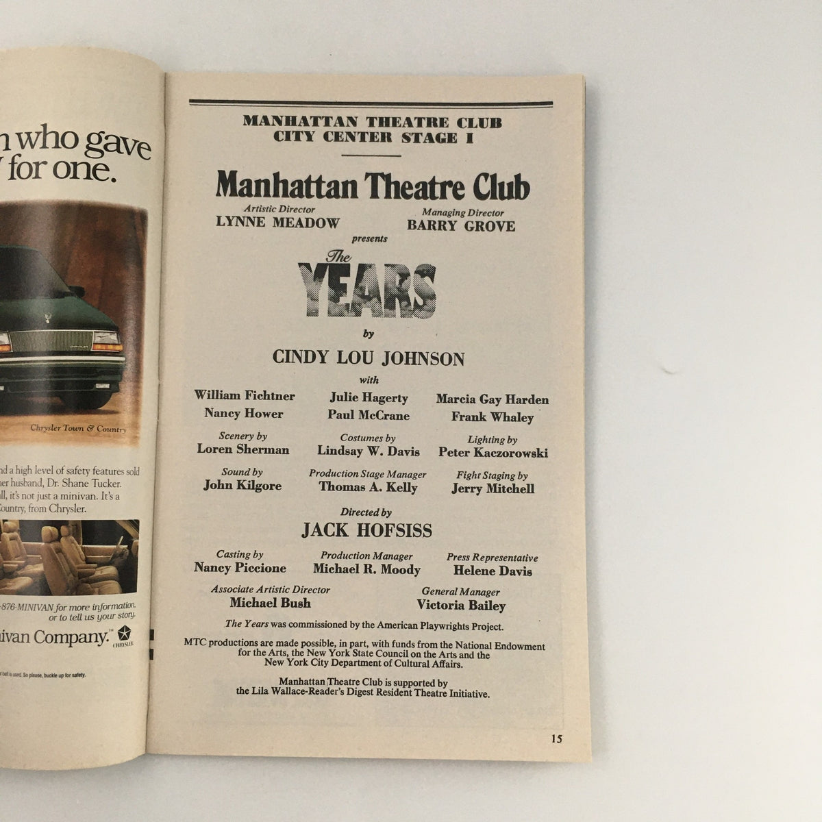 Another interior page of the 1993 Playbill for 'The Years' by the Manhattan Theatre Club, detailing the cast and crew, including credits for Cindy Lou Johnson.