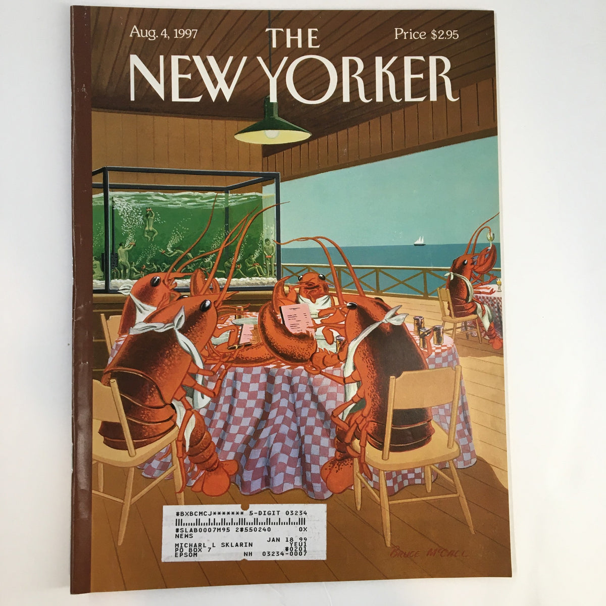 Cover of The New Yorker Full Magazine August 4, 1997 featuring Lobsterman's Special artwork by Bruce McCall, depicting lobsters dining at a seaside restaurant.