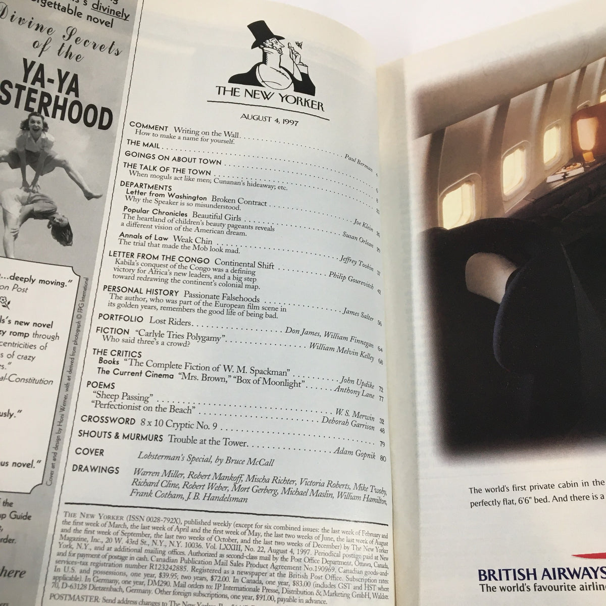 Table of contents from The New Yorker Full Magazine August 4, 1997 displaying articles and sections, including Lobsterman's Special by Bruce McCall.