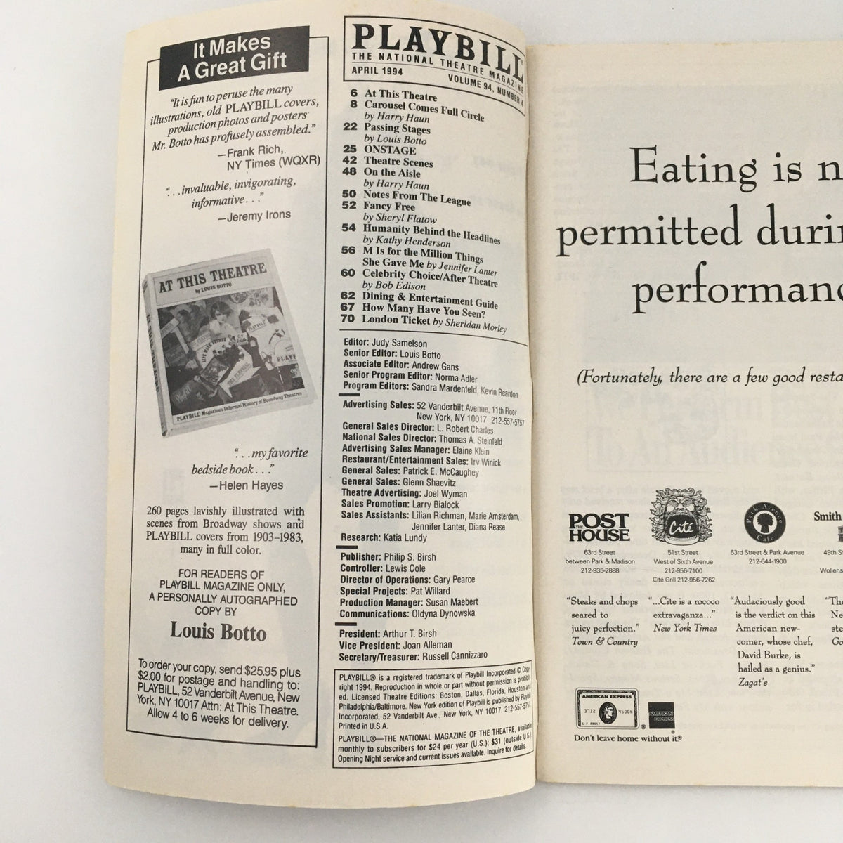 Interior page of the 1994 Playbill for 'An Inspector Calls' listing upcoming shows and advertisements.