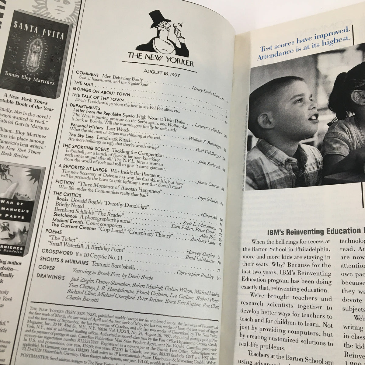 Inside page of The New Yorker Full Magazine August 18 1997 featuring the table of contents and an image of a boy, reflecting the magazine's mix of art and literature.