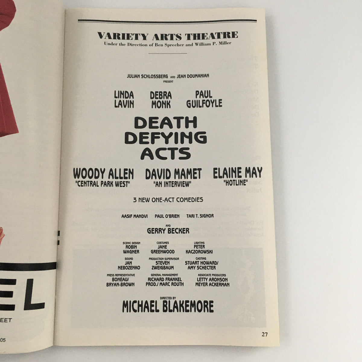 1995 Playbill Variety Arts Theatre 'Death Defying Acts' program details including cast and production credits from Woody Allen and David Mamet.