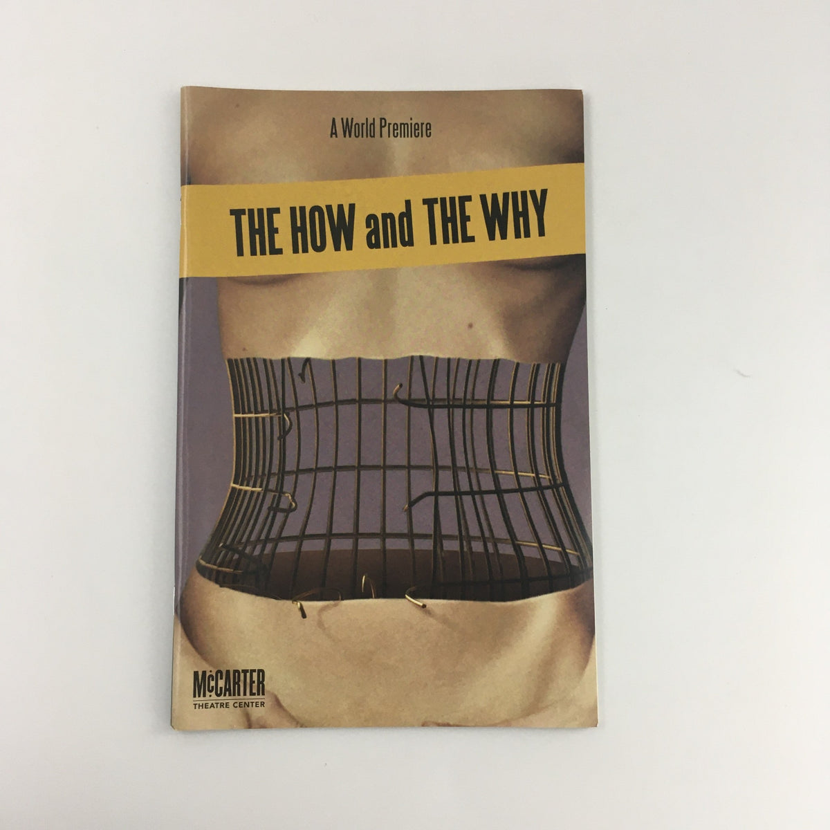 Cover of the playbill for 'The Now and The Why' at the McCarter Theater Center, featuring a striking design with a model in a corset, highlighting the themes of the world premiere featuring Mercedes Ruehl and Bess Rous.