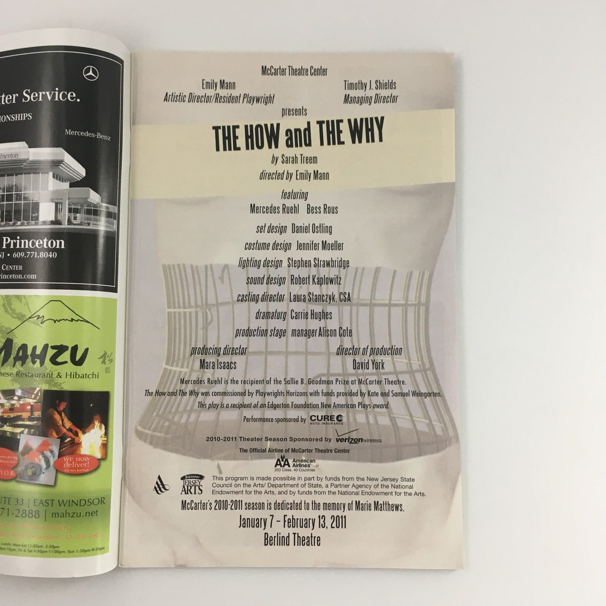 2011 McCarther Theater Center program for 'The Now and The Why' featuring Mercedes Ruehl and Bess Rous, directed by Emily Mann. The image shows the theater program opened to the title page with details about the production.