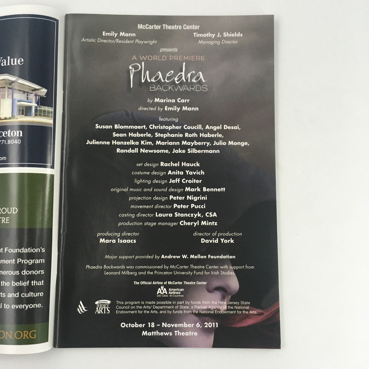 Interior page of 'Phaedra Backwards' program detailing cast and crew for the 2011 McCarter Theatre Center production.