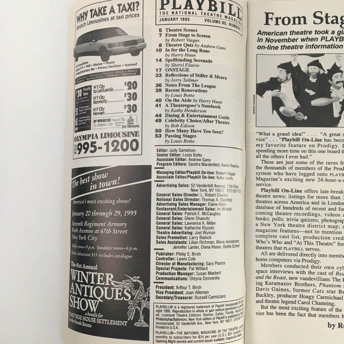 Inside view of the 1995 Playbill for 'The Truth-Teller' showcasing advertisements and theater listings.