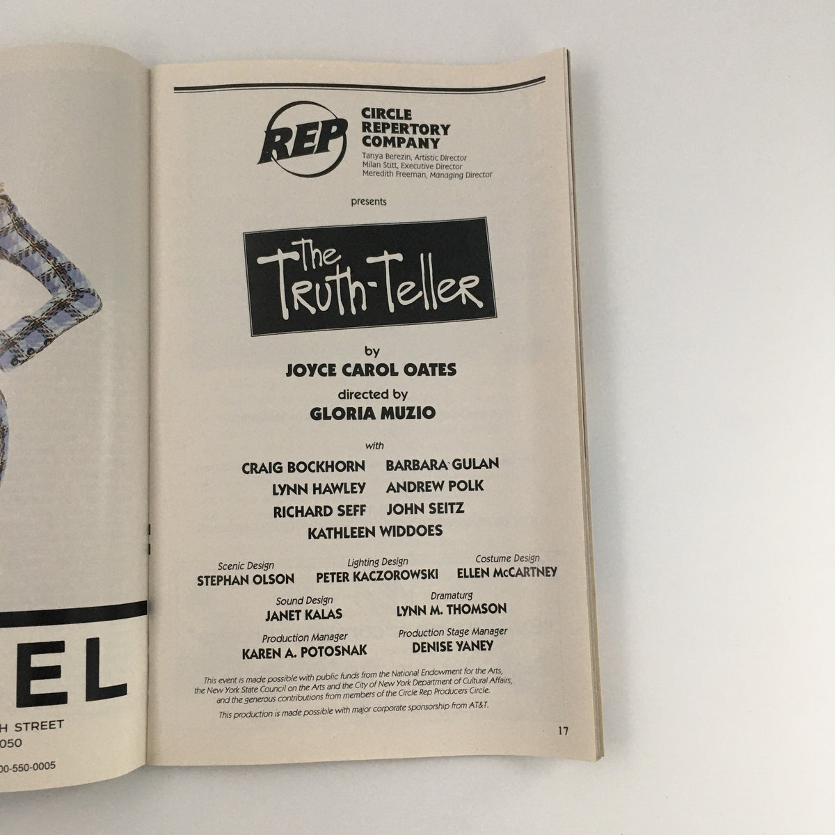 The cast and crew credits page of the 1995 Playbill for 'The Truth-Teller' directed by Gloria Muzio.