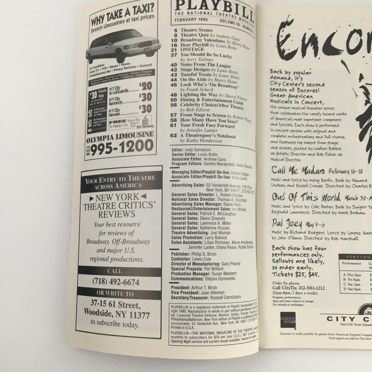 Inside view of the 1995 Playbill for 'Jack's Holiday', showcasing an advertisement for limousine services and a list of shows.