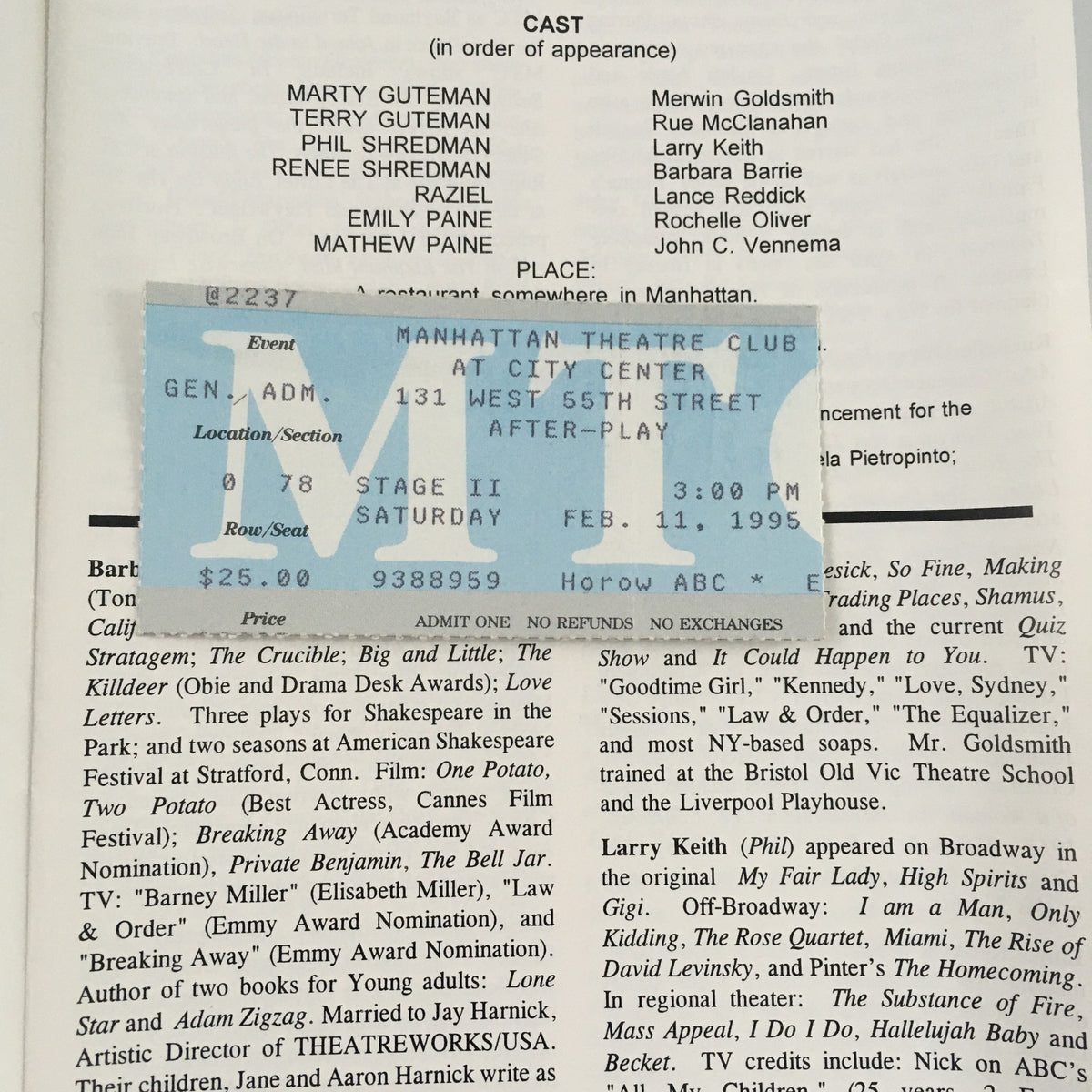 Original ticket for the 1995 Stage II Manhattan Theatre Club performance of 'After Play,' held at City Center.