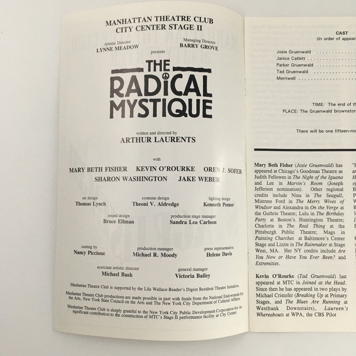 Inside page of the 1995 Stage II Manhattan Theatre Club program for 'The Radical Mystique' detailing the cast and production team.