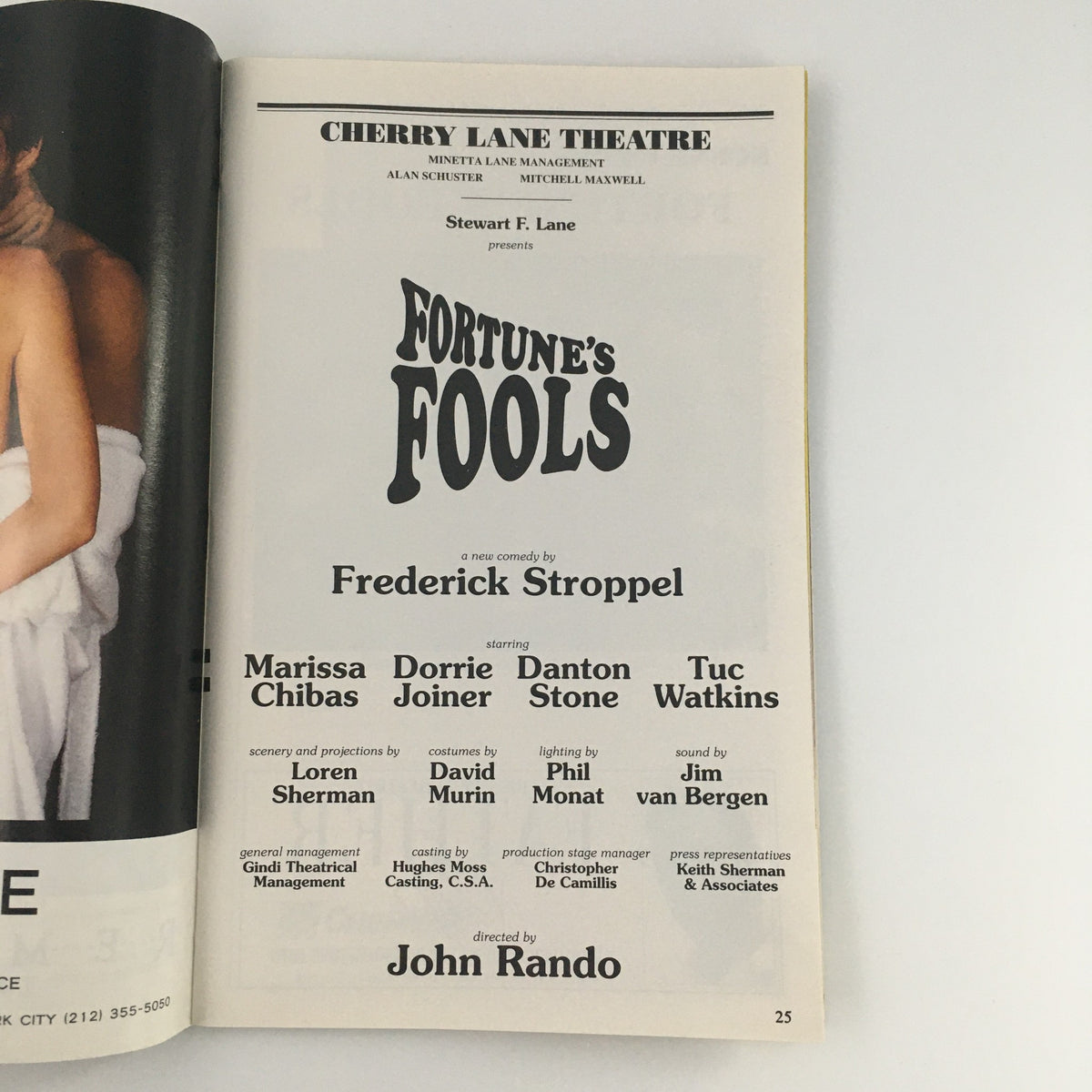 Cast and crew listing page from the 1995 Playbill for 'Fortune's Fools' at Cherry Lane Theatre.