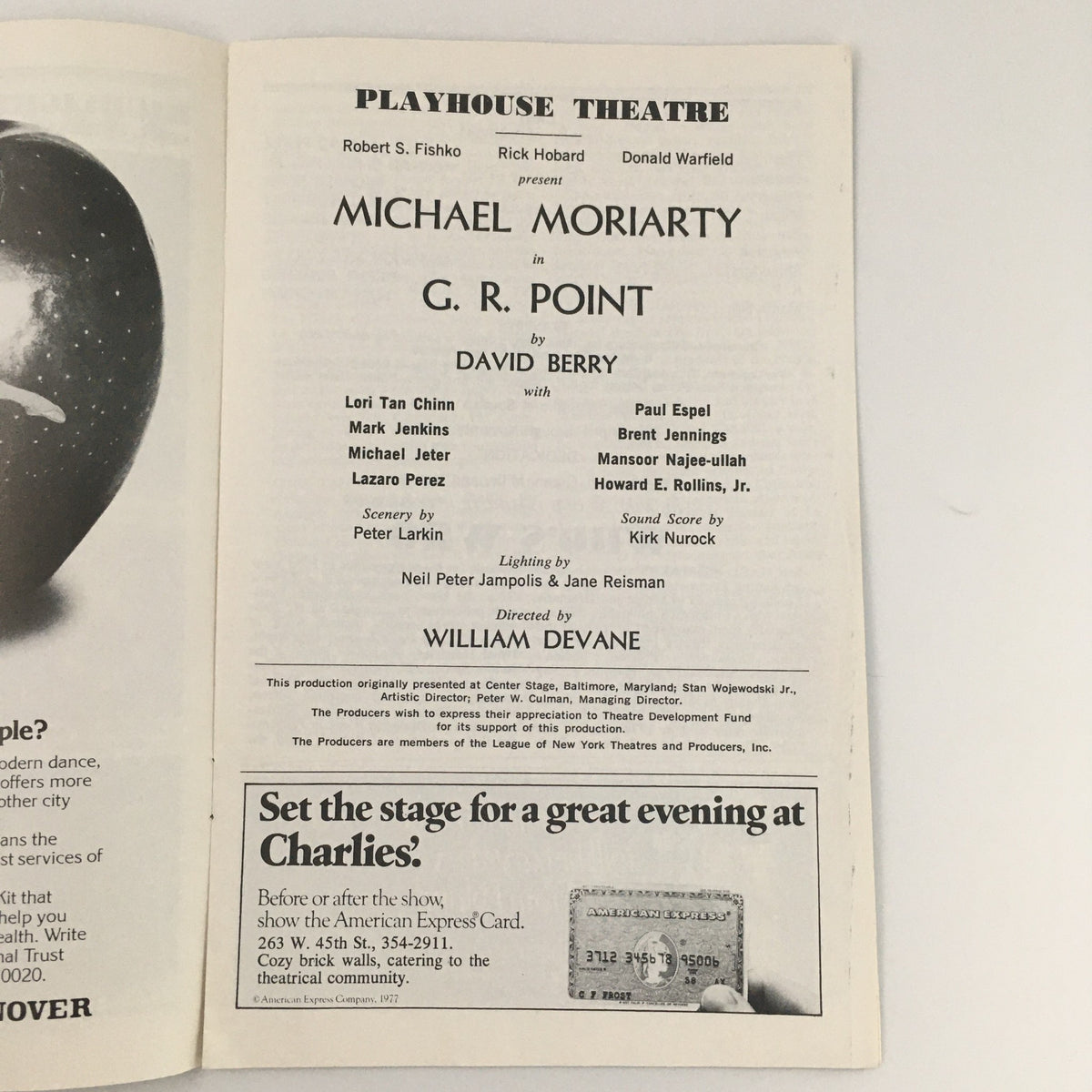 Inside view of the 1969 Showbill from the Playhouse Theatre 'G.R. Point', detailing the cast including Lori Tan Chinn and Mark Jenkins, along with production credits.