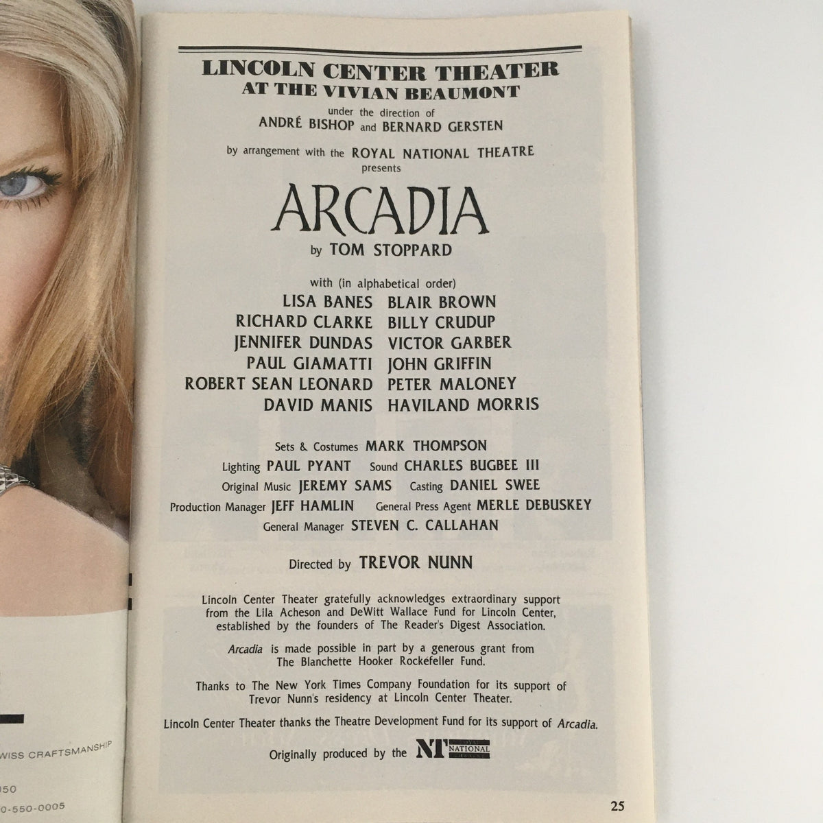 Interior page of the 1995 Playbill from Lincoln Center Theater's 'Arcadia', listing the cast and crew members including Lisa Banes and Blair Brown.