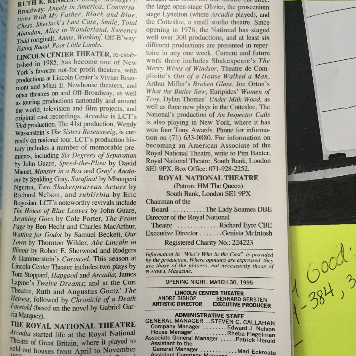 Another interior page of the 1995 Playbill for Lincoln Center Theater's 'Arcadia', providing additional production details and credits.