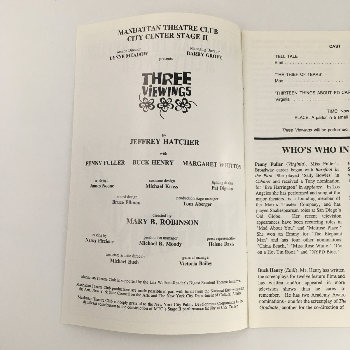 Inside page of the 1996 Manhattan Theatre Club Stage II program for 'Three Viewings' detailing cast and crew information.