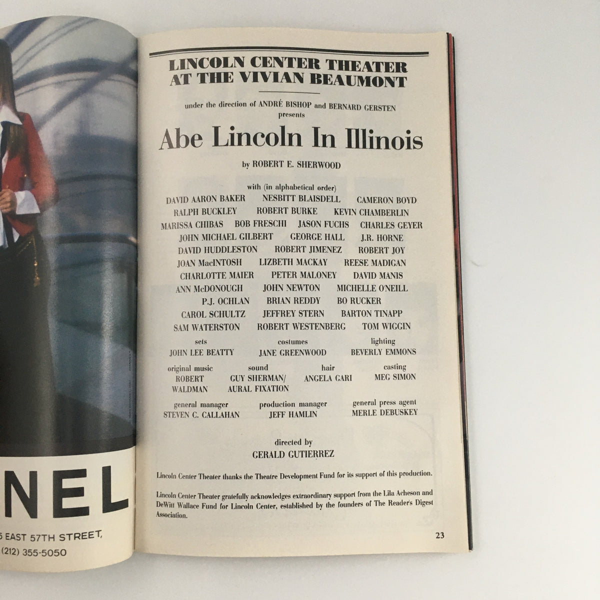 Cast and crew page from the 1993 Playbill for 'Abe Lincoln in Illinois' at Lincoln Center Theater, detailing key contributors and production team.