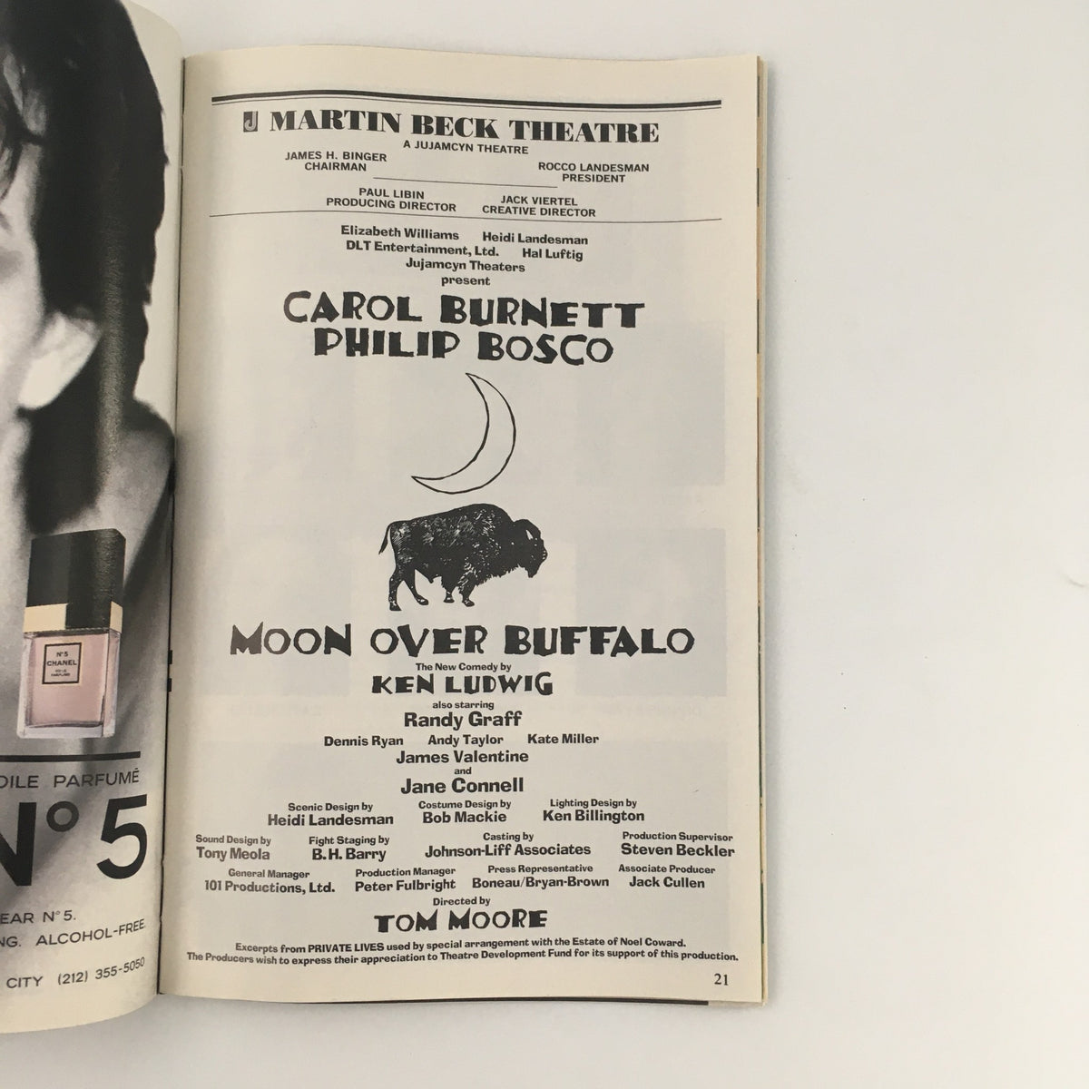Interior page of the 1995 Playbill for 'Moon Over Buffalo' at the Martin Beck Theatre highlighting cast members Carol Burnett and Philip Bosco.