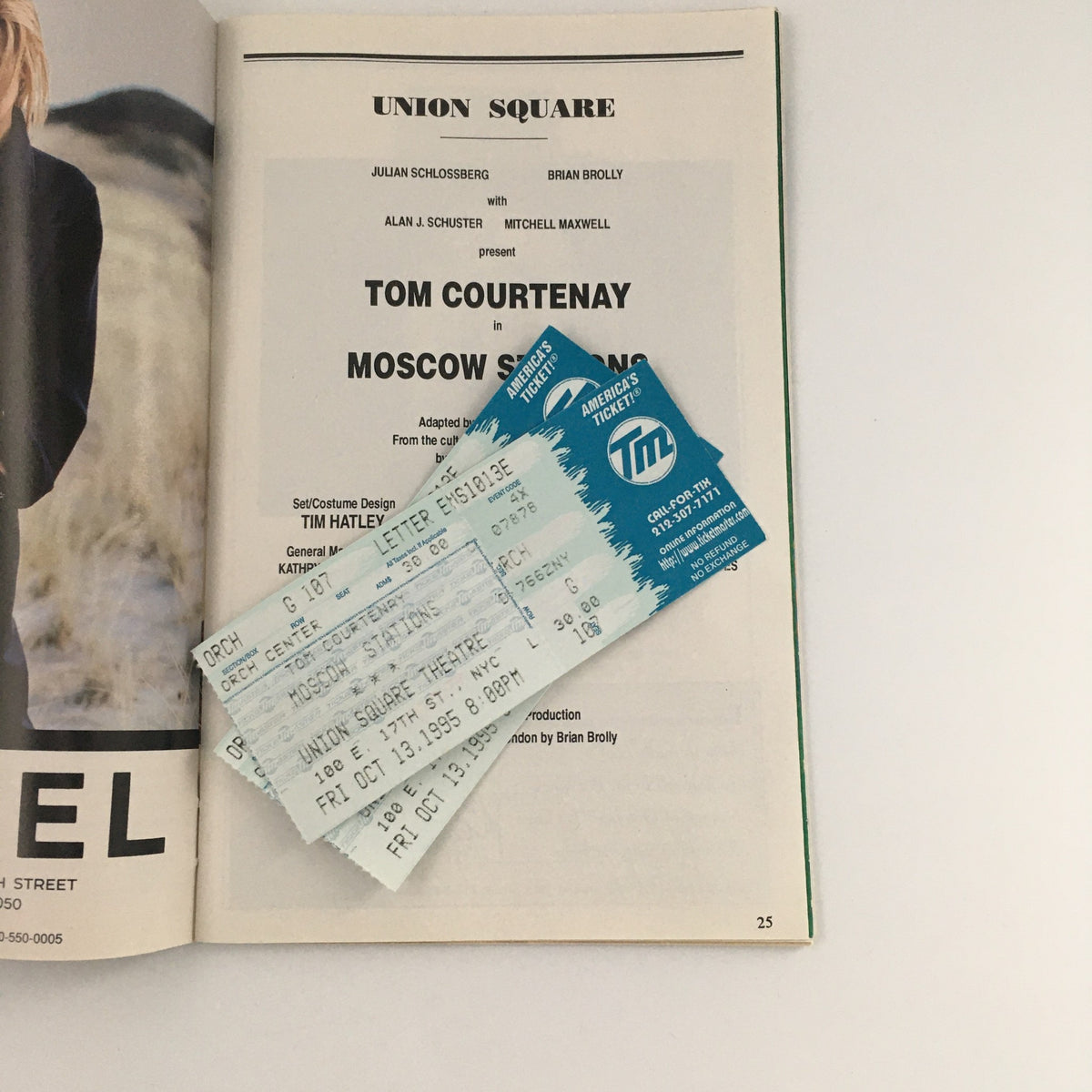 Interior page of the 1995 Playbill for 'Moscow Stations' displaying original ticket stubs from the performance.