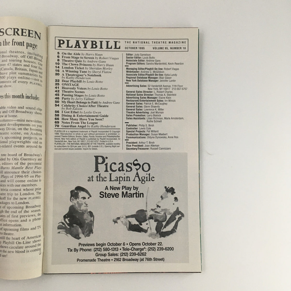 Interior page of the 1995 Playbill showcasing the contents including 'Picasso at the Lapin Agile' and various theatre acknowledgments.