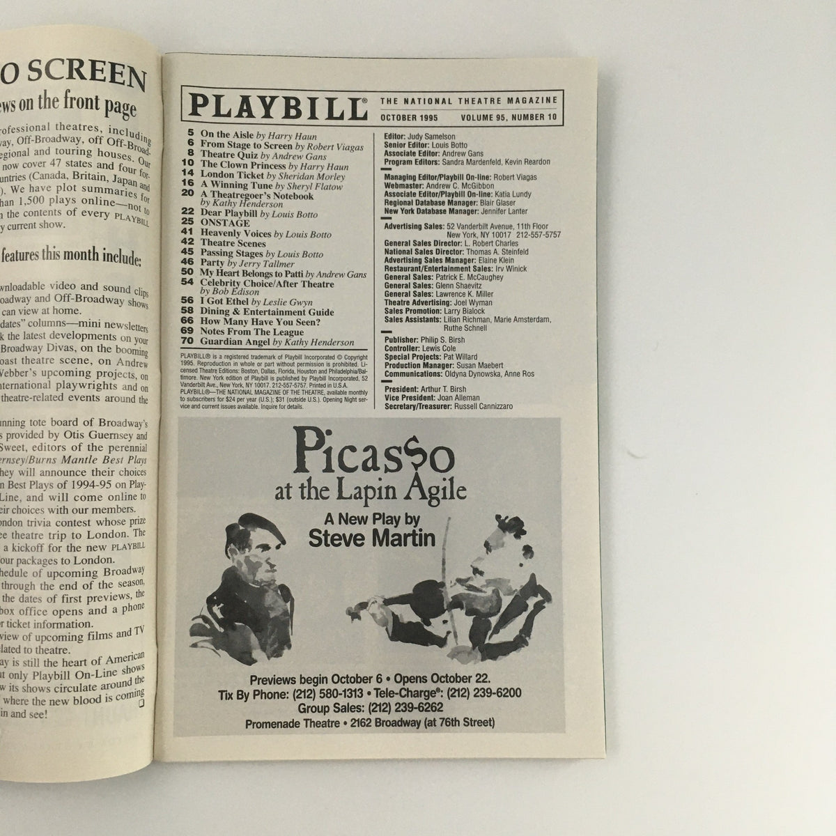 Inside page of the 1995 Playbill for 'Riff Raff' at Circle Rep Theater, includes articles and listings for theater productions, highlighting the October 1995 issue.