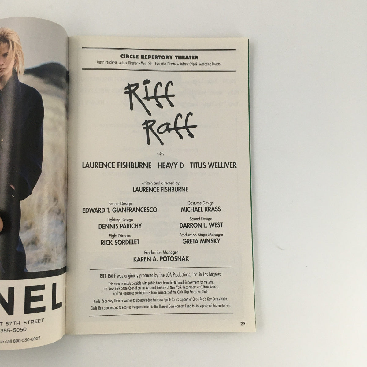 1995 Playbill for Circle Rep Theater's 'Riff Raff' featuring Laurence Fishburne and Titus Welliver, showcasing cast and production details.