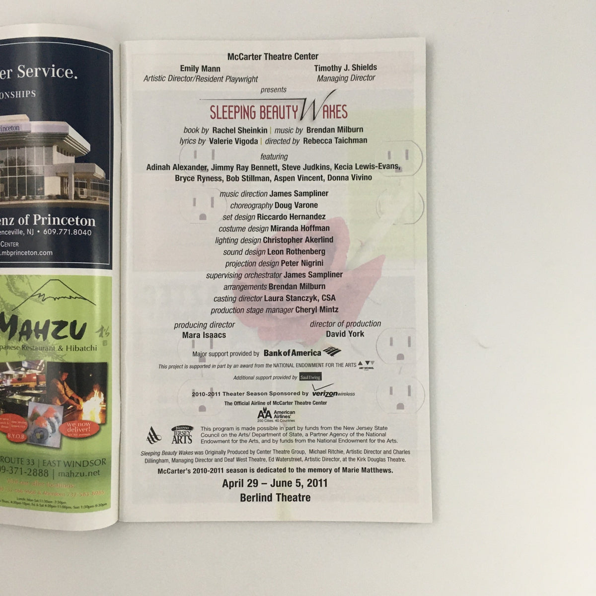 Inside program of the 2011 McCarter Theatre Center 'Sleeping Beauty Wakes' detailing cast and production team.
