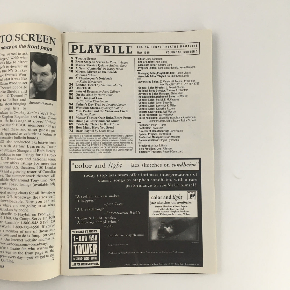 Inside view of the 1995 Playbill for 'Twelve Dreams' showcasing theater advertisements and information on the front page.