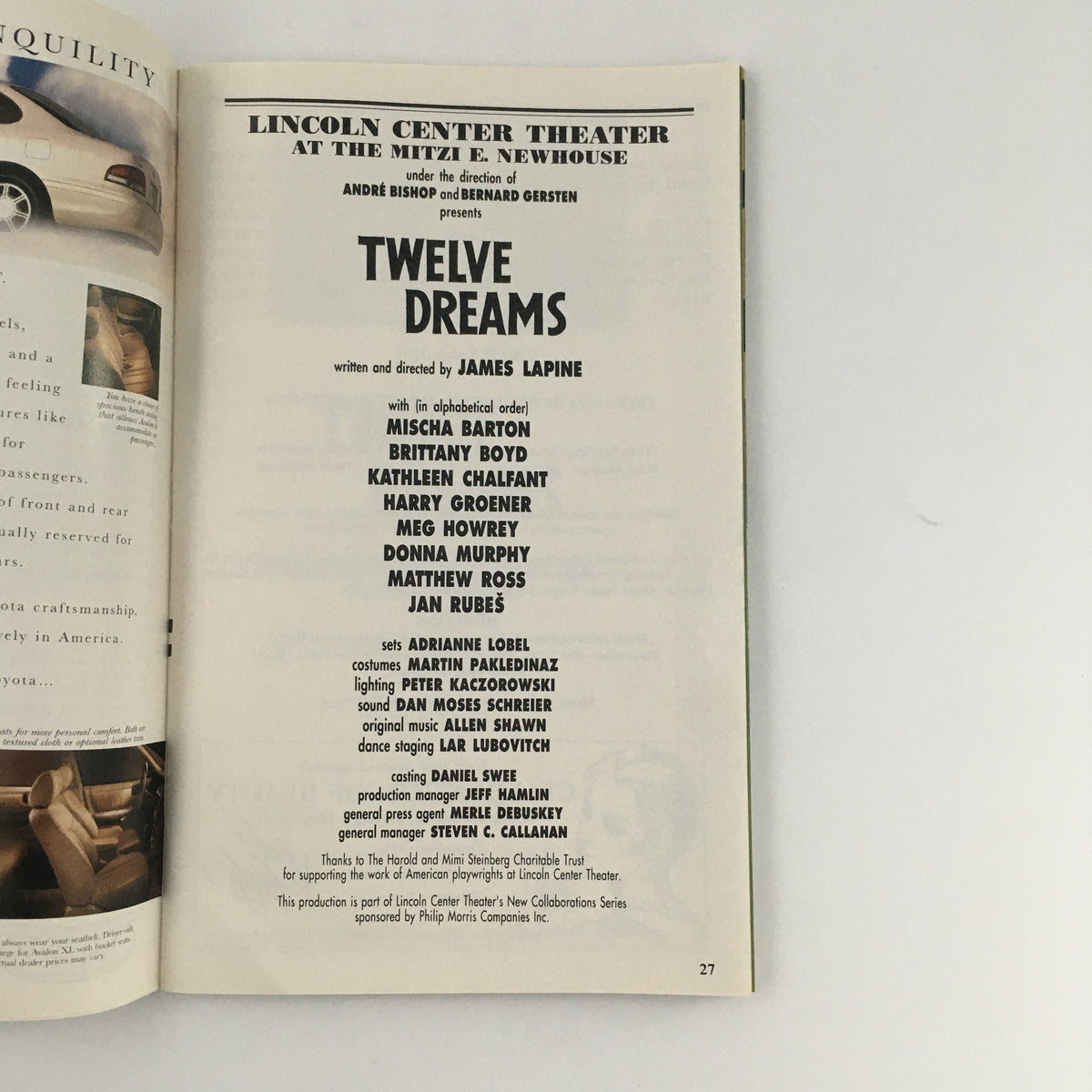 Cast list page of the 1995 Playbill for 'Twelve Dreams' highlighting actors Mischa Barton and Brittany Boyd.