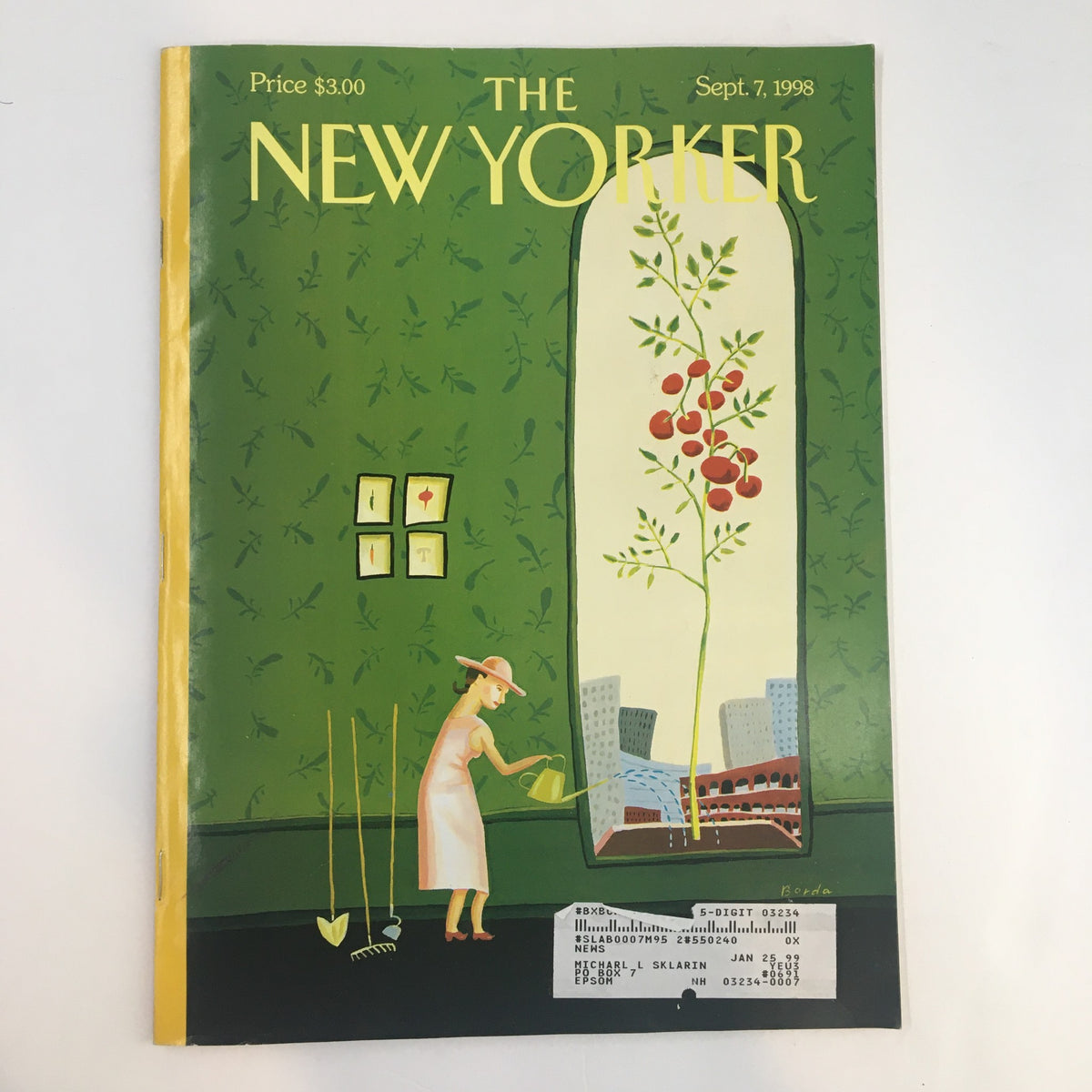 Cover of The New Yorker Full Magazine September 7 1998 featuring the Window Box artwork by Juliet Borda, showcasing a woman watering plants in a vintage interior.