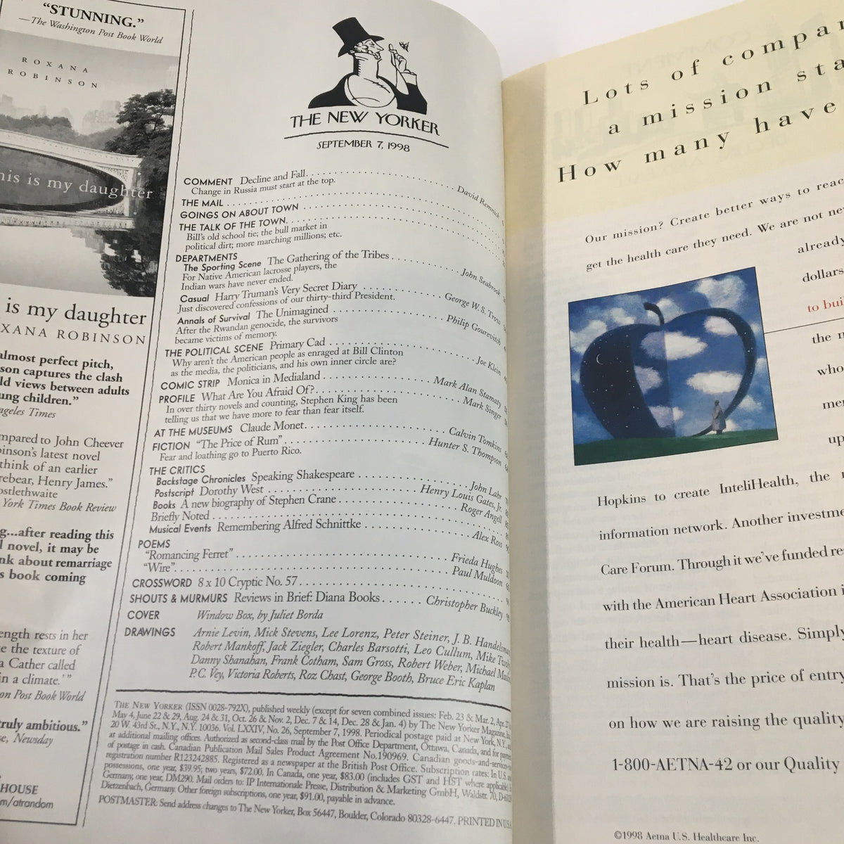 Interior page of The New Yorker Full Magazine September 7 1998, displaying the table of contents with the magazine's logo and various article highlights.
