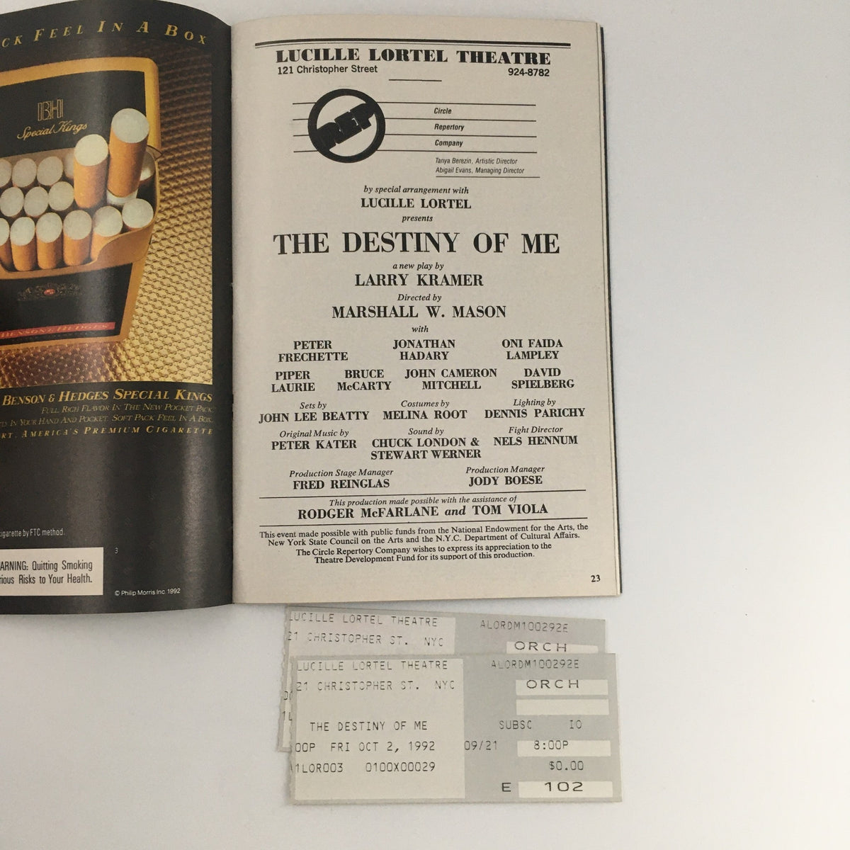 The program details for the 1992 Playbill 'The Destiny of Me' at Lucille Lortel Theatre, including cast and staff information along with original ticket stubs.