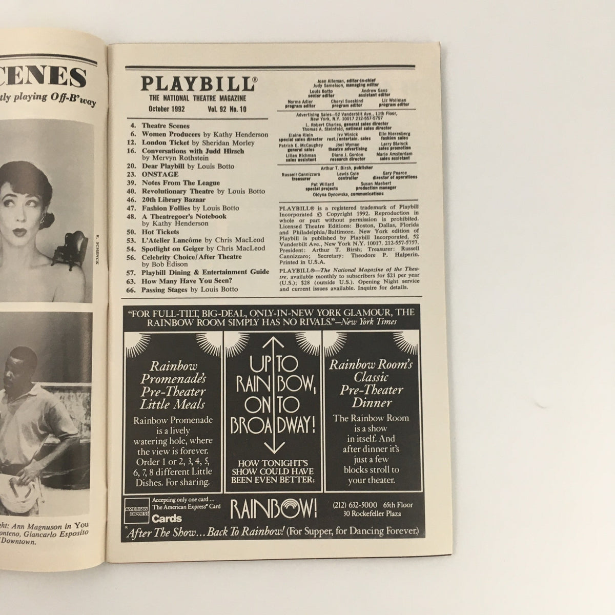 Inside spread of the 1992 Playbill for 'Mad Forest', showcasing production details and additional offers related to the Manhattan Theatre Club performance.