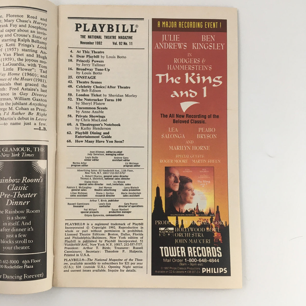 Inside page of the November 1992 Playbill showcasing a list of theater events and advertisements, including a feature for 'The King and I.'