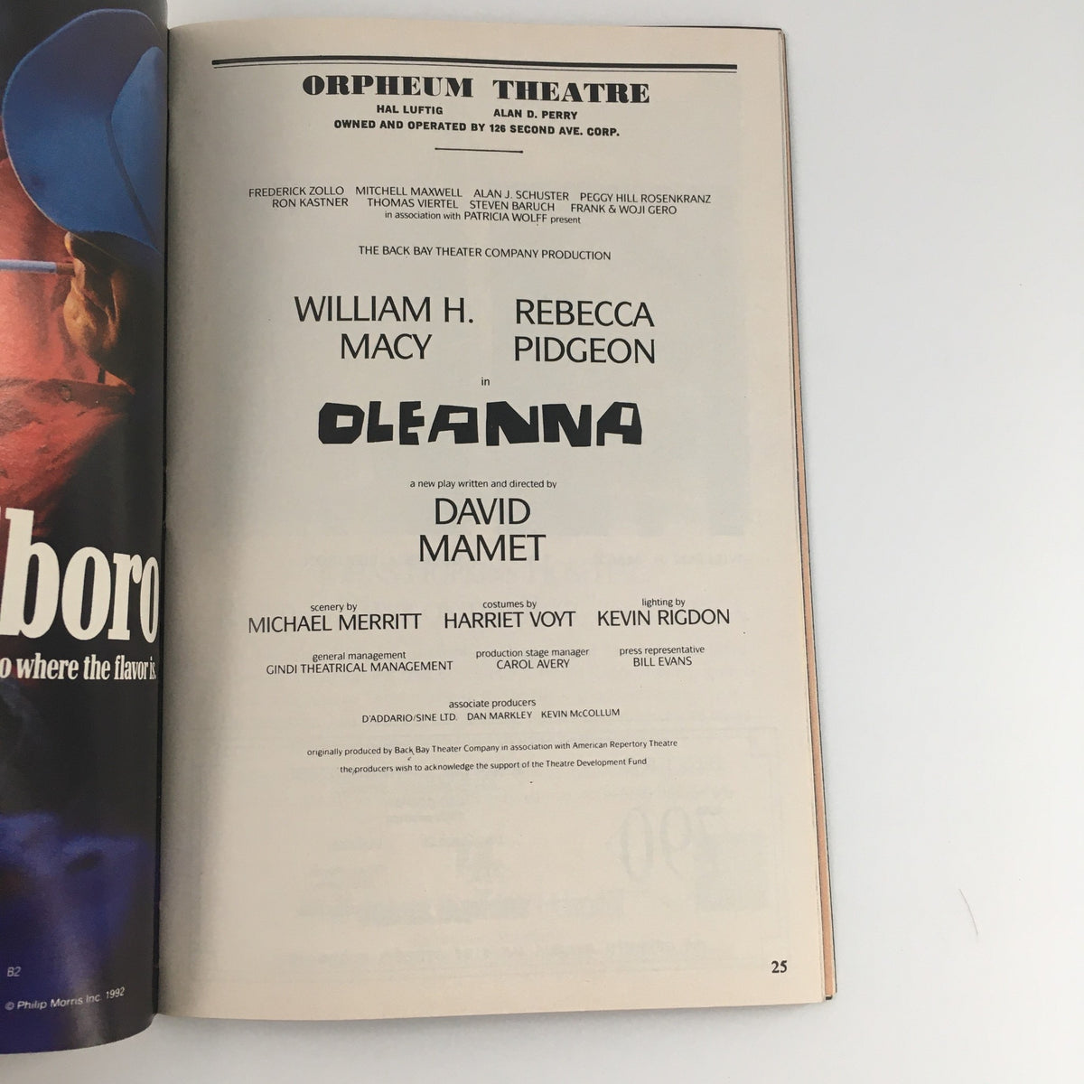Page from the 1992 Playbill detailing the Orpheum Theatre's production of 'Oleanna' starring William H. Macy and Rebecca Pidgeon, directed by David Mamet.