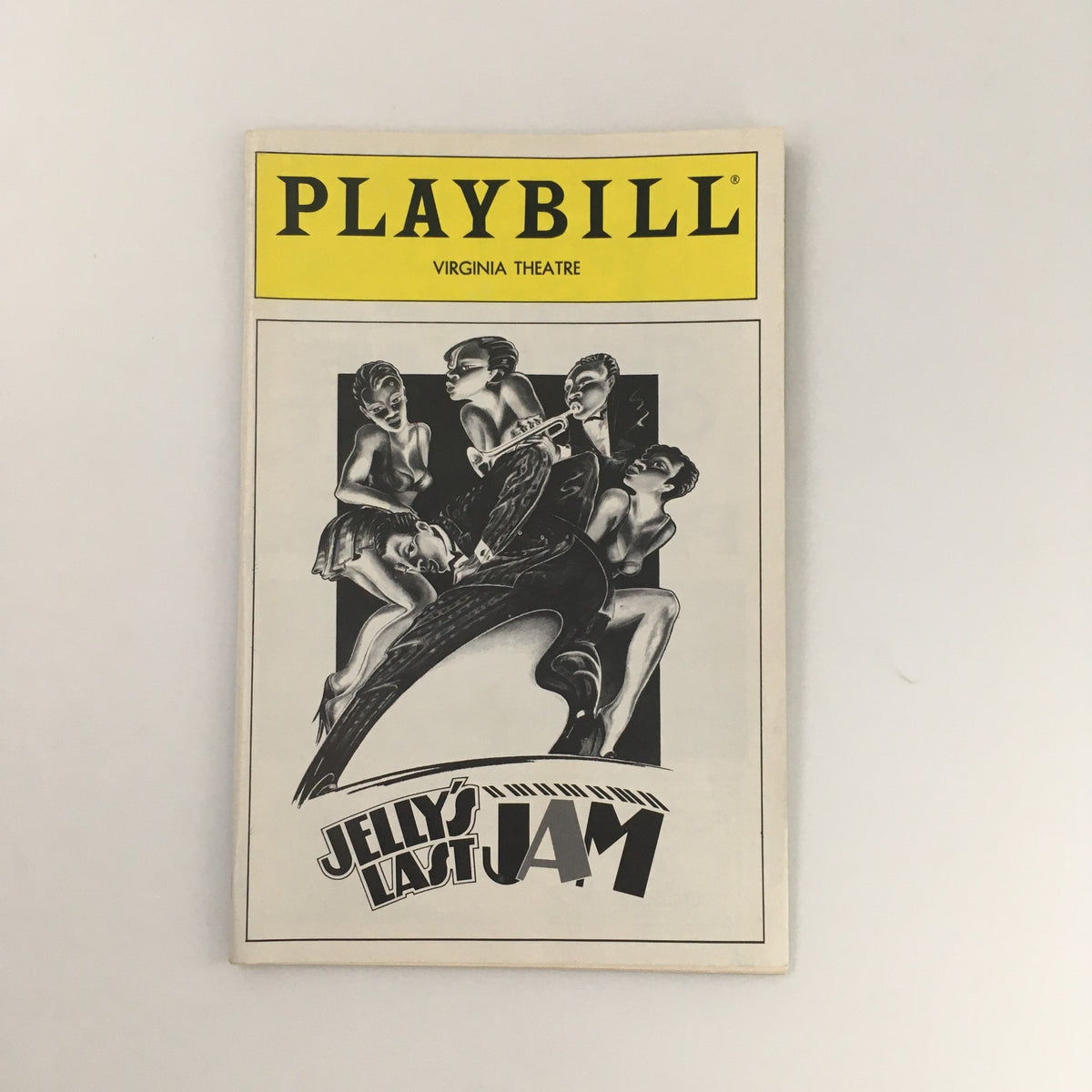 1992 Playbill for 'Jelly's Last Jam' at Virginia Theatre featuring an artistic black and white cover design with dancers and musicians.