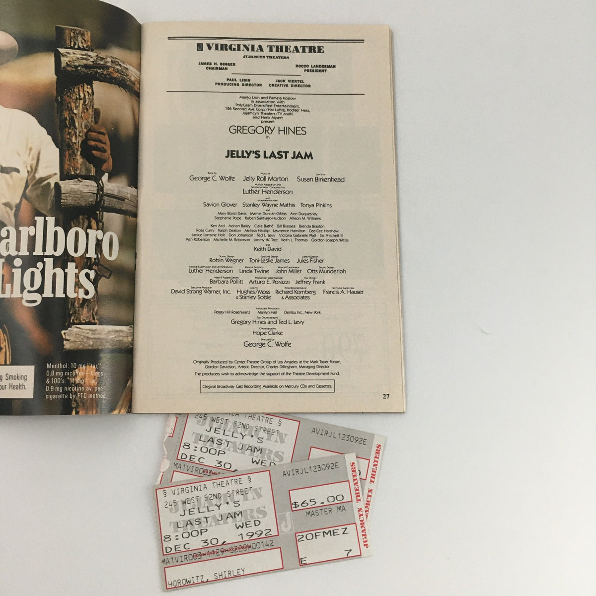 Inside page of 1992 Playbill for 'Jelly's Last Jam' at Virginia Theatre, featuring cast details and original ticket stubs from the December 30, 1992 performance, highlighting the show starring Gregory Hines and Savion Glover.