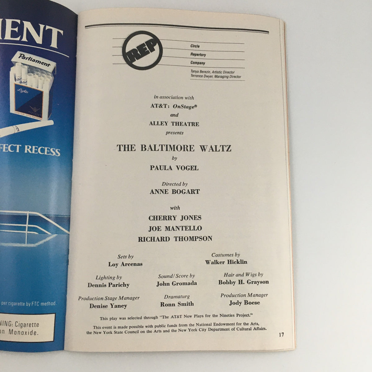 Details from the 1992 Playbill for 'The Baltimore Waltz' including cast information and production credits, featuring Richard Thompson.