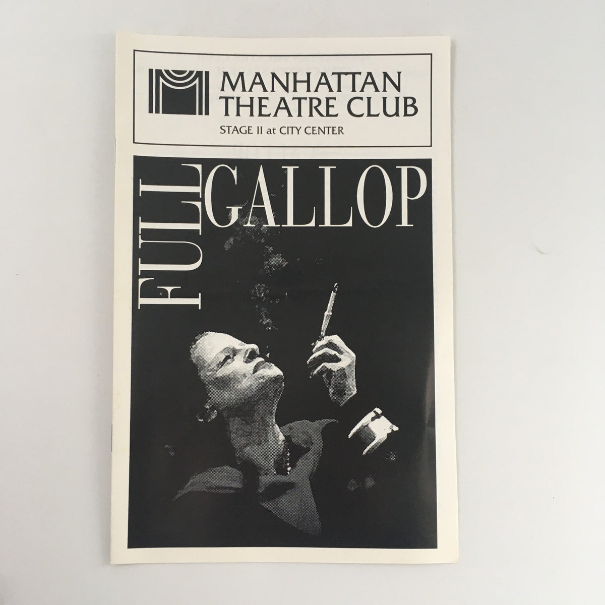 Cover of the 1997 Manhattan Theatre Club Stage II 'Full Gallop' featuring a dramatic black and white design with a figure holding a cigarette.