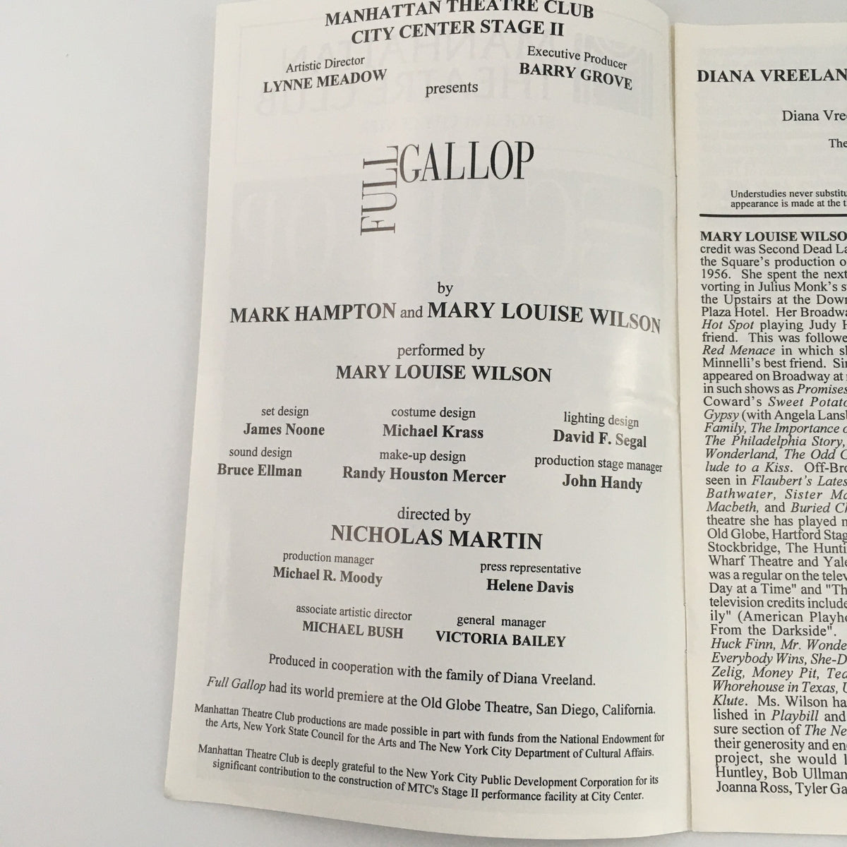 Inside spread of the 1997 Manhattan Theatre Club Stage II 'Full Gallop' program detailing cast and crew, highlighting contributions from Mary Louise Wilson and Barry Grove.