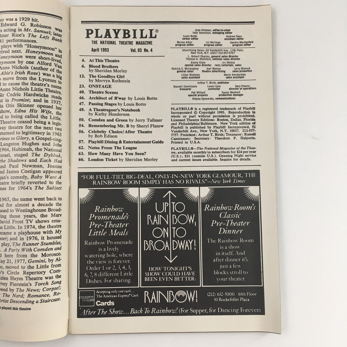 Inside page of the 1993 Playbill from The Helen Hayes Theatre showing listings and advertisements for upcoming performances.