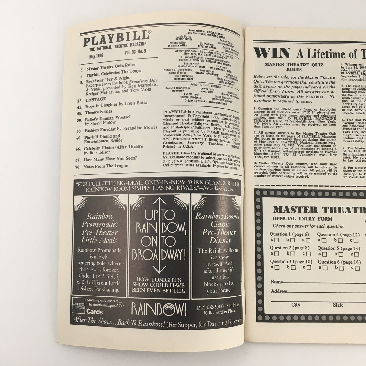 Inside page of the 1993 Playbill 'Playboy of the West Indies' displaying theater-related advertisements and information.
