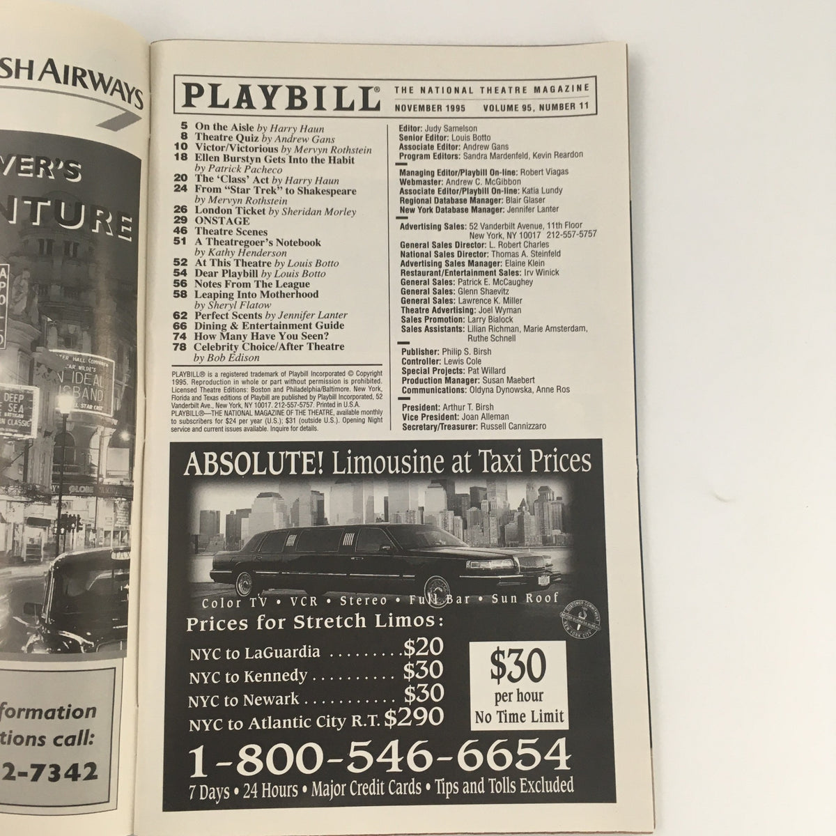 Inside page of the November 1995 Playbill, showcasing editorial and program details, part of the 1995 Belasco Theatre production of 'Sacrilege'.